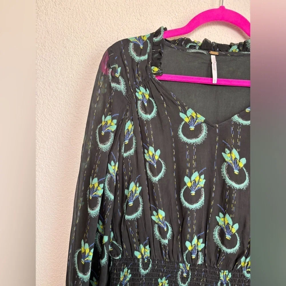 Free People Black Wild Horses Peacock Print Boho Long Sleeve Flounce Hem Dress M